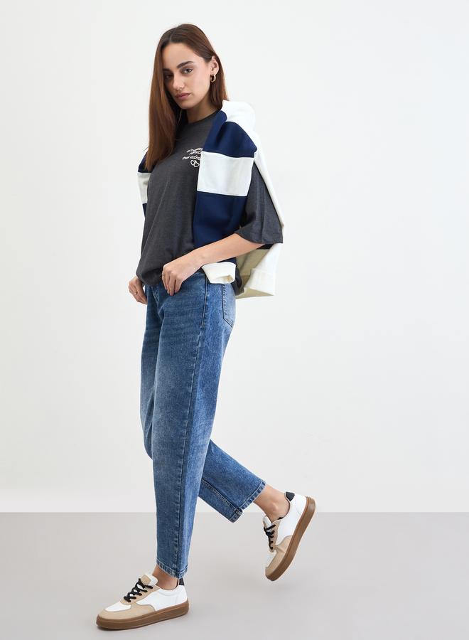 Styli Charcoal Slogan Print Oversized T-Shirt - Image 2