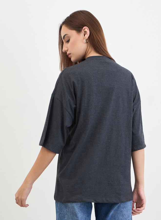 Styli Charcoal Slogan Print Oversized T-Shirt - Image 5