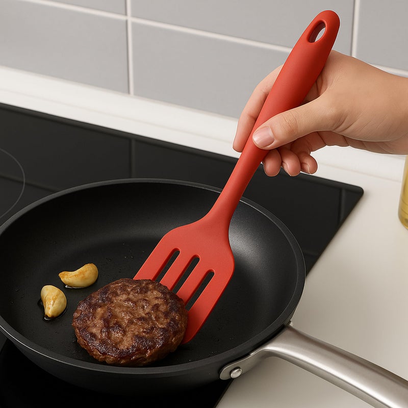 3PCS Silicone Kitchen Utensils Set 3PCS – Soup Ladle + Serving Spoon + Slotted Spoon – Food Contact Safe, Heat Resistant Up to 230°C, Suitable for Nonstick Utensils, Ergonomic Handle (Red) - Image 4