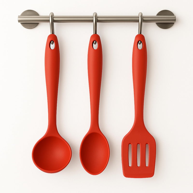 3PCS Silicone Kitchen Utensils Set 3PCS – Soup Ladle + Serving Spoon + Slotted Spoon – Food Contact Safe, Heat Resistant Up to 230°C, Suitable for Nonstick Utensils, Ergonomic Handle (Red) - Image 2