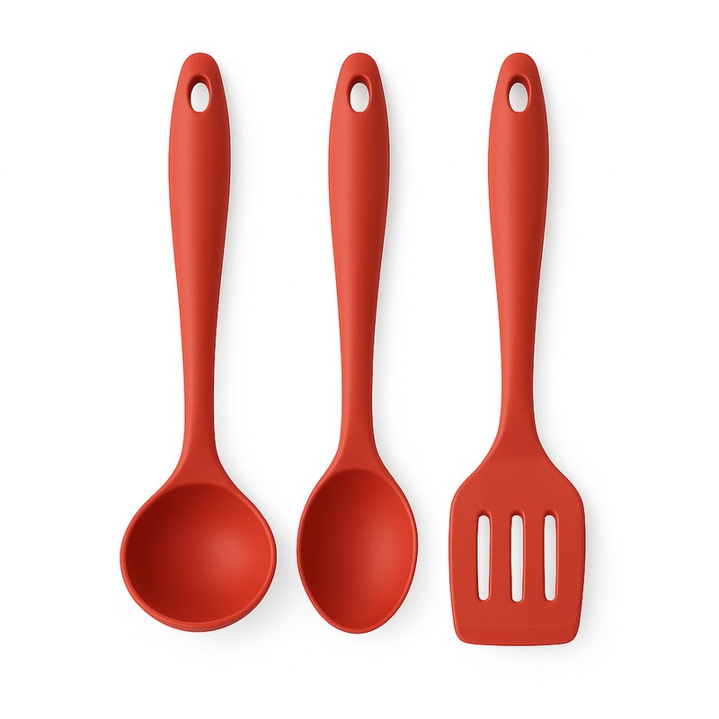 3PCS Silicone Kitchen Utensils Set 3PCS – Soup Ladle + Serving Spoon + Slotted Spoon – Food Contact Safe, Heat Resistant Up to 230°C, Suitable for Nonstick Utensils, Ergonomic Handle (Red) - Image 1