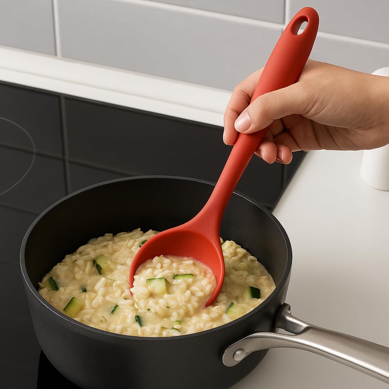 3PCS Silicone Kitchen Utensils Set 3PCS – Soup Ladle + Serving Spoon + Slotted Spoon – Food Contact Safe, Heat Resistant Up to 230°C, Suitable for Nonstick Utensils, Ergonomic Handle (Red) - Image 5
