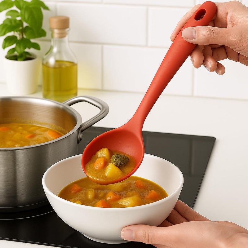 3PCS Silicone Kitchen Utensils Set 3PCS – Soup Ladle + Serving Spoon + Slotted Spoon – Food Contact Safe, Heat Resistant Up to 230°C, Suitable for Nonstick Utensils, Ergonomic Handle (Red) - Image 3