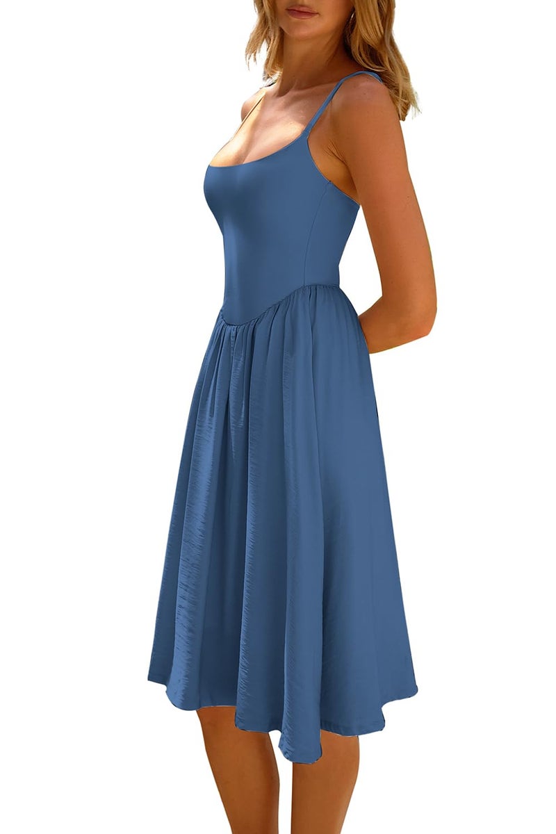 CHYRII Womens Fashion Summer 2025 Spaghetti Straps Sleeveless Casual A-Line Midi Dresses Sundress Blue L - Image 4