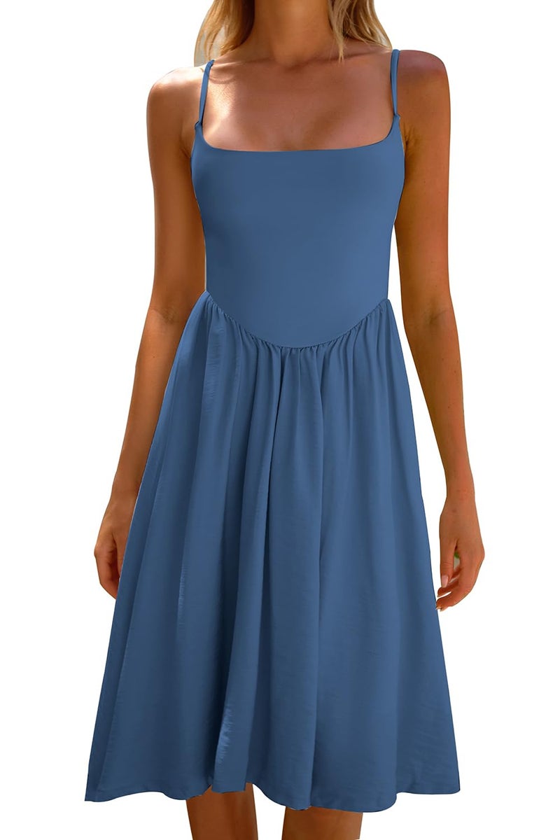 CHYRII Womens Fashion Summer 2025 Spaghetti Straps Sleeveless Casual A-Line Midi Dresses Sundress Blue L - Image 1