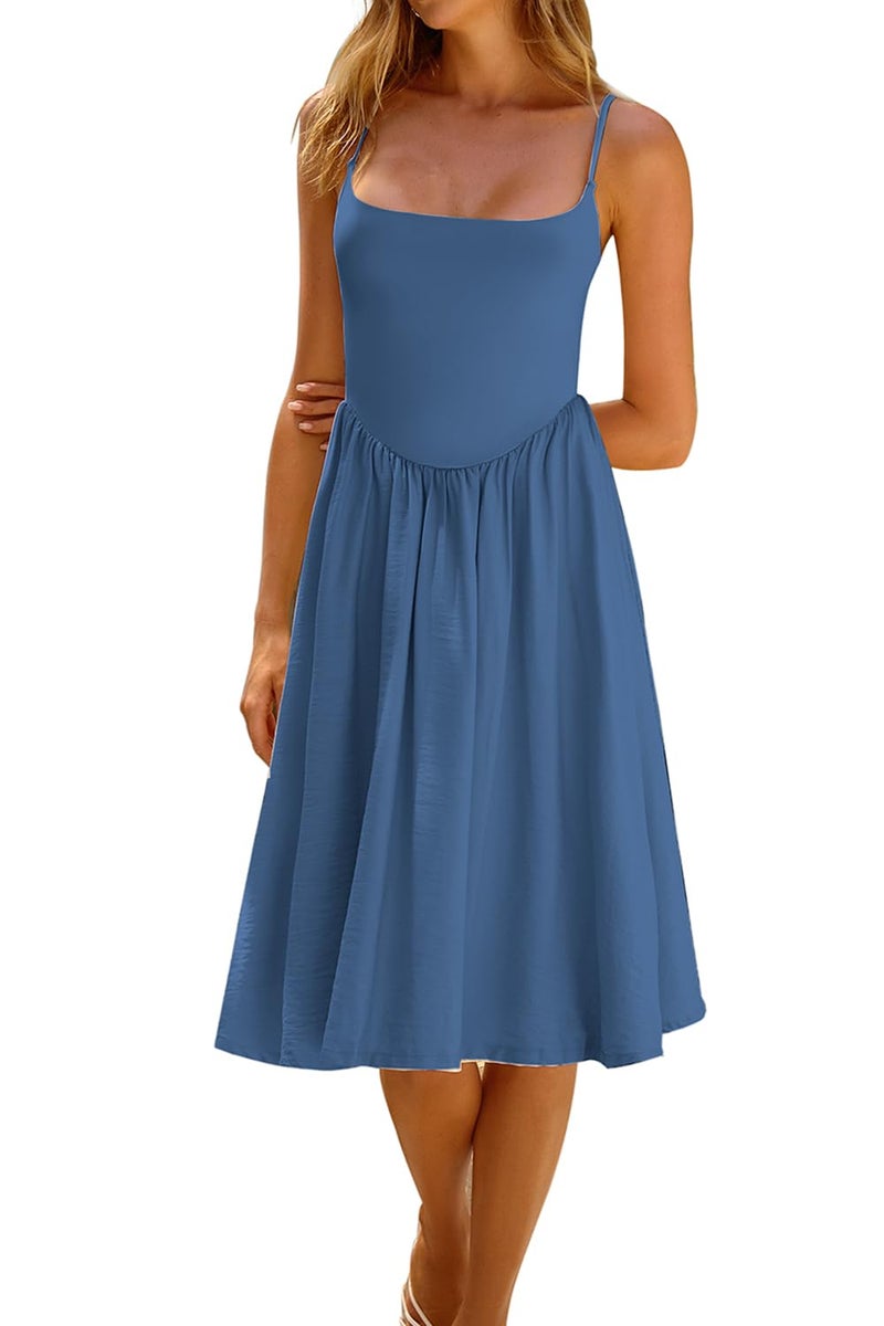 CHYRII Womens Fashion Summer 2025 Spaghetti Straps Sleeveless Casual A-Line Midi Dresses Sundress Blue L - Image 3