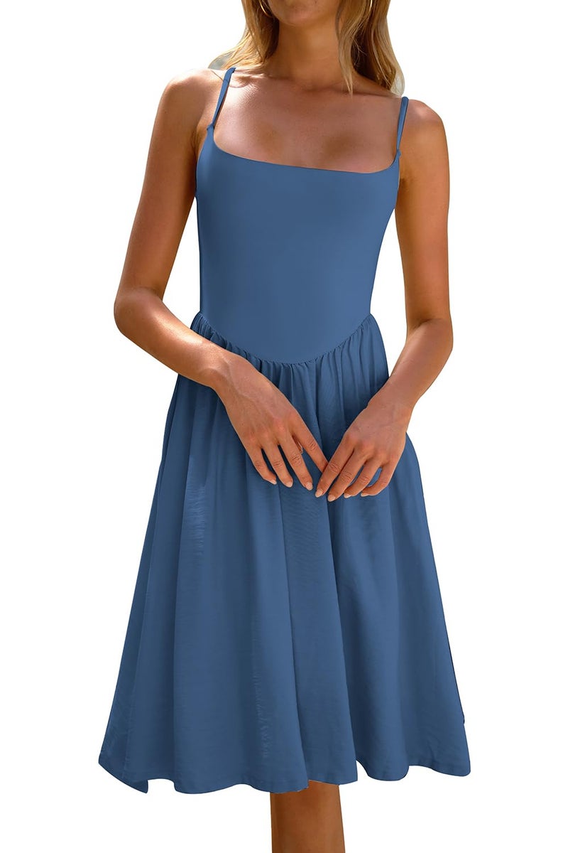 CHYRII Womens Fashion Summer 2025 Spaghetti Straps Sleeveless Casual A-Line Midi Dresses Sundress Blue L - Image 2