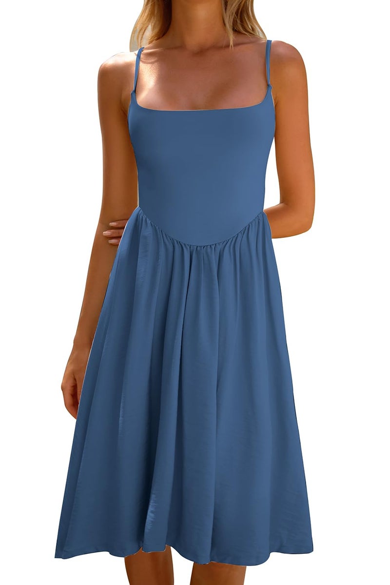 CHYRII Womens Fashion Summer 2025 Spaghetti Straps Sleeveless Casual A-Line Midi Dresses Sundress Blue L - Image 5