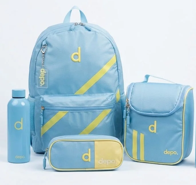Depo DEPO Premium 4-Piece School Backpack Set – 44cm Water-Resistant Backpack, Insulated Lunch Bag, Pencil Case & 500ml Stainless Steel Water Bottle | Lightweight | Blue & Yellow