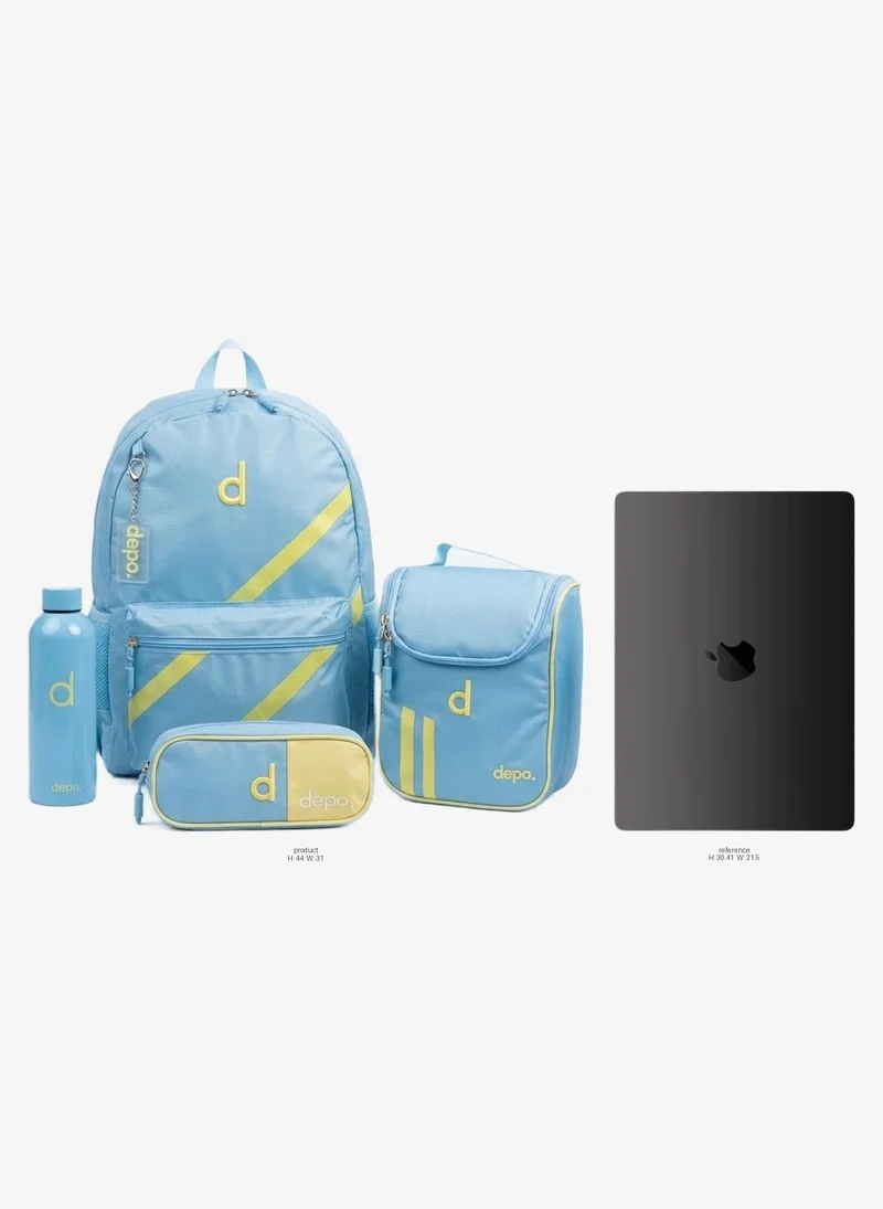 Depo DEPO Premium 4-Piece School Backpack Set – 44cm Water-Resistant Backpack, Insulated Lunch Bag, Pencil Case & 500ml Stainless Steel Water Bottle | Lightweight | Blue & Yellow
