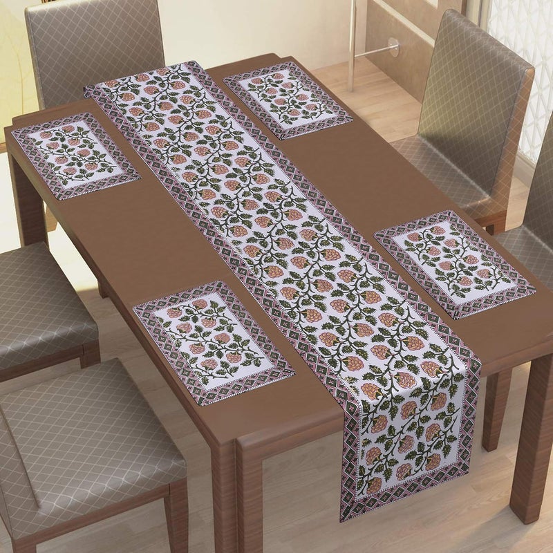 TEXSTYLERS Pure Cotton Canvas Block Printed Jaipuri Rajasthani 1 Table Runner and 4 Placemat Set Peach White