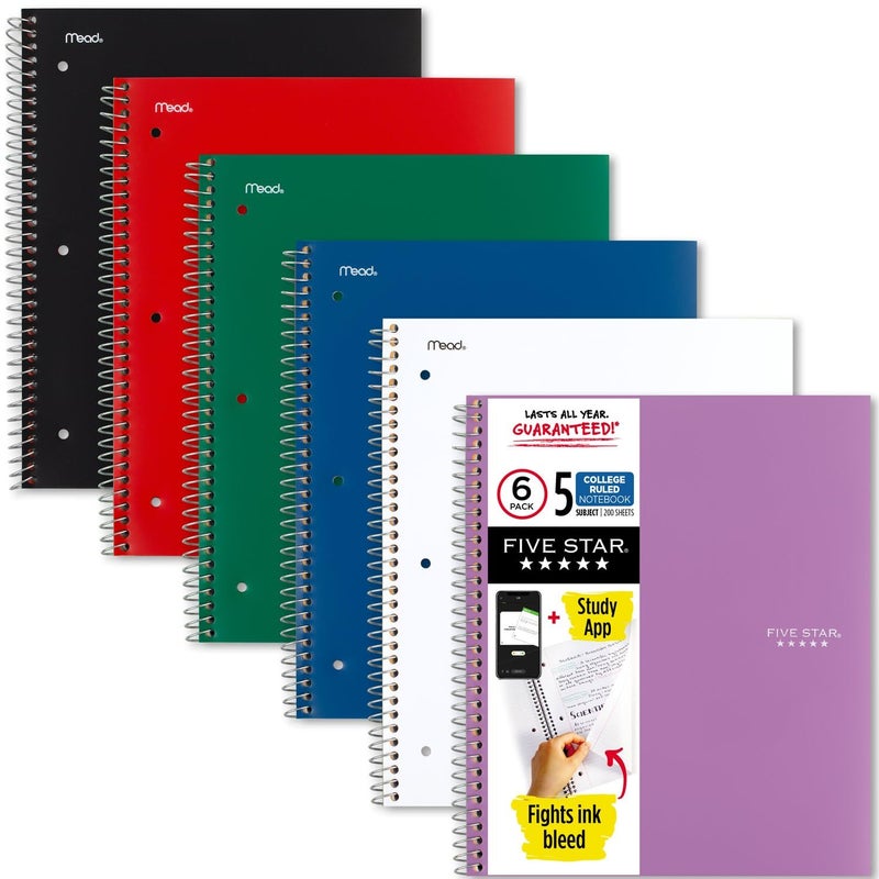 Five Star Spiral Notebook + Study App, 6 Pack, 5 Subject, College Ruled Paper, Fights Ink Bleed, Water Resistant Cover, 8-1/2" x 11", 200 Sheets, Assorted Colors (73793) - Image 1