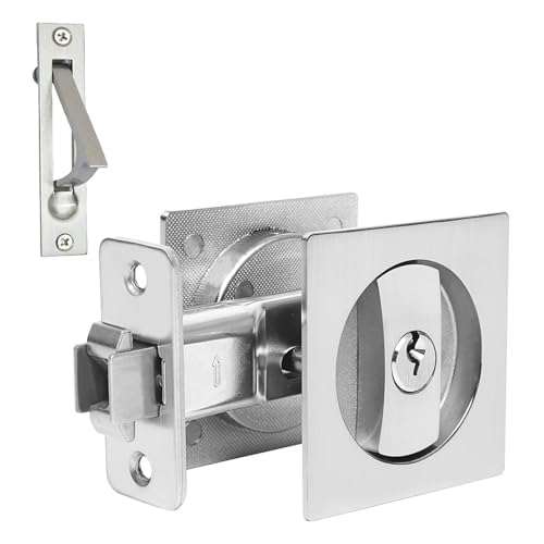 Dontay Keyed Pocket Door Lock with Pull HandleFlush Mount Recessed Knob238 inch BacksetSquare Bed Bath Hardware Fit Sliding Barn Interior Door Thickness 138 to 2316 inchBrushed Nickel1 - Image 1