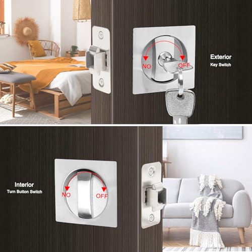 Dontay Keyed Pocket Door Lock with Pull HandleFlush Mount Recessed Knob238 inch BacksetSquare Bed Bath Hardware Fit Sliding Barn Interior Door Thickness 138 to 2316 inchBrushed Nickel1 - Image 3