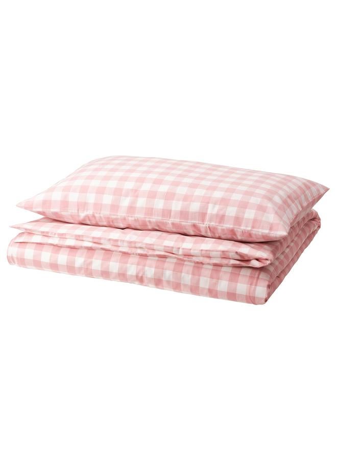 Zaboon Duvet cover and pillowcase, light pink white/check, 150x200/50x80 cm - Image 1