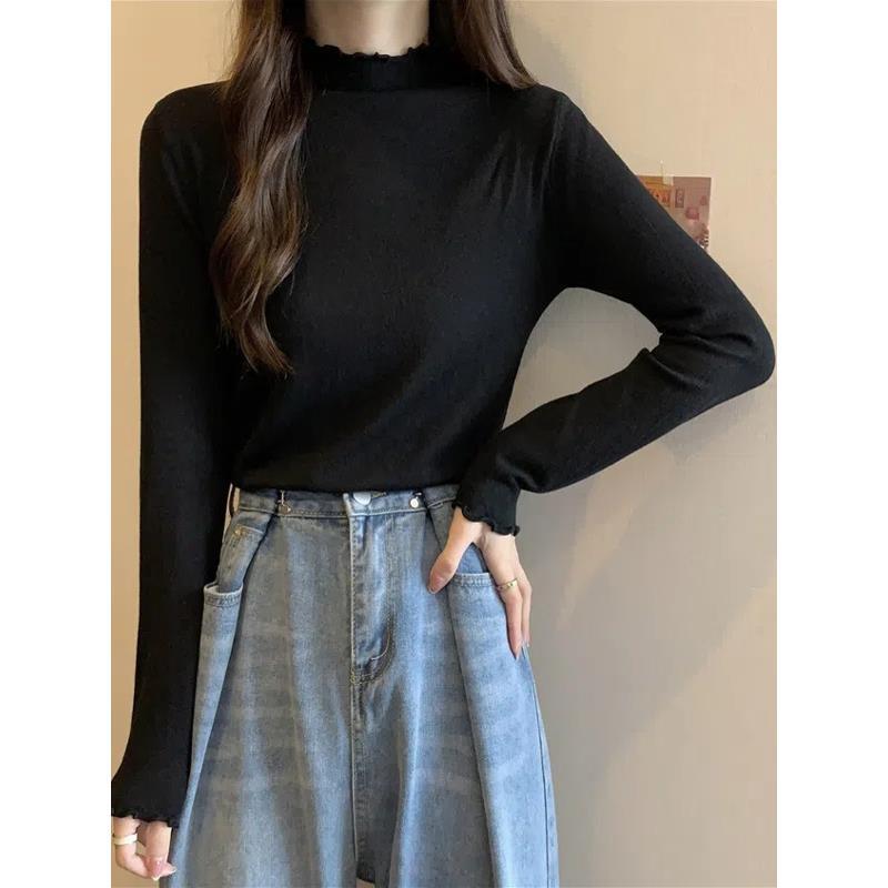 Stretch Thread Wood-Edge High Collar Base Shirt 2024 German Velvet Slim-Fit Slimming Western Style Long-Sleeved Inner Top - Image 2