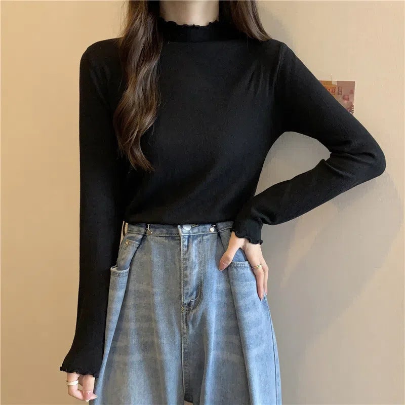 Stretch Thread Wood-Edge High Collar Base Shirt 2024 German Velvet Slim-Fit Slimming Western Style Long-Sleeved Inner Top - Image 1