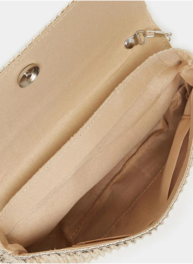 Styli Metallic Pleated Clutch Bag with Chain Strap