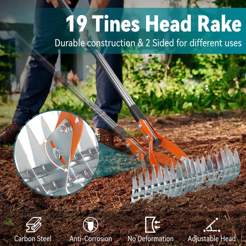 Yofidra Thatch Rake for Lawns, Yofidra 15" Heavy Duty Metal Dethatcher Rake with 5FT Handle, 70â€™â€™ Adjustable Manual Thatcher with 19-Tine for Lawn Loosening Soil, Yard and Removing Dead Grass - Image 2