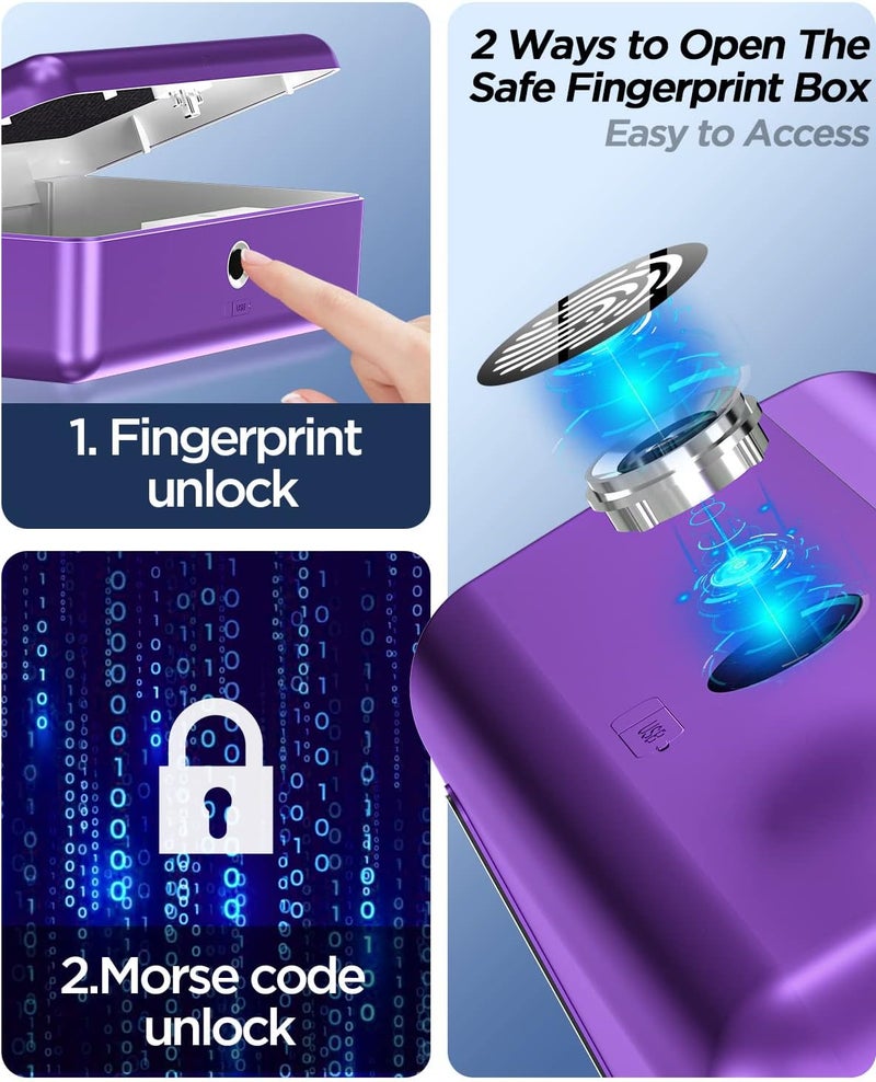 AICase Biometric Fingerprint Storage Box Portable Cash Jewelry Lock Box Rechargeable Lock for Car,Home,Office,Travel-Purple - Image 2