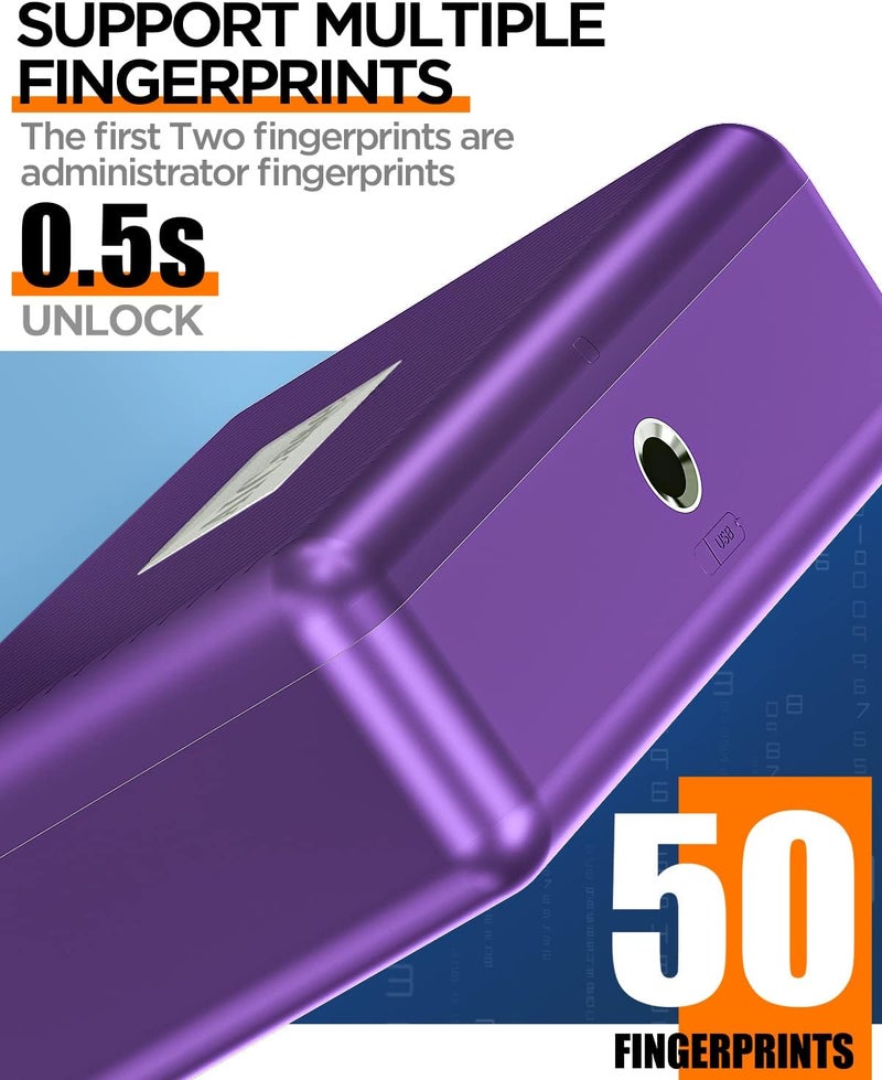 AICase Biometric Fingerprint Storage Box Portable Cash Jewelry Lock Box Rechargeable Lock for Car,Home,Office,Travel-Purple - Image 3