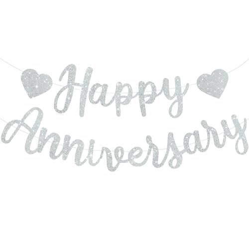 BEISHIDA Silver Happy Anniversary Banner PreStrung Glitter Happy Anniversary BannerNO DIY Silver Glitter Garland Sign for Wedding Party Decorations Decor - Image 1