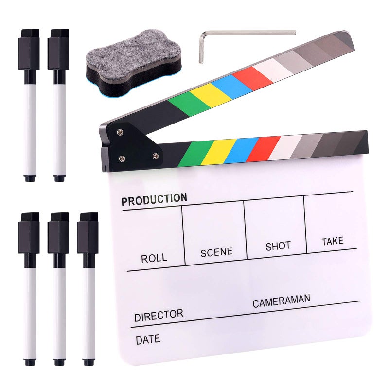 Swpeet 8Pcs 10"x12" Acrylic Film Movie Directors Clapboard Kit, Magnetic Blackboard Eraser, M3 Hex Wrench and 5Pcs Custom Pens Dry Erase Director Clapper Coating Board Slate for Director or Film Fans - Image 1