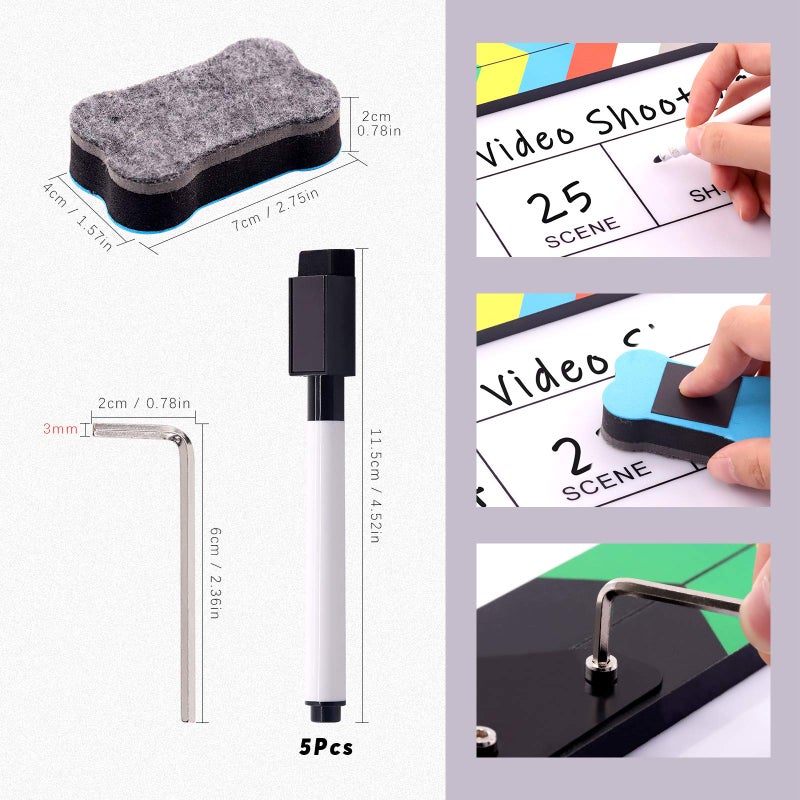 Swpeet 8Pcs 10"x12" Acrylic Film Movie Directors Clapboard Kit, Magnetic Blackboard Eraser, M3 Hex Wrench and 5Pcs Custom Pens Dry Erase Director Clapper Coating Board Slate for Director or Film Fans - Image 3