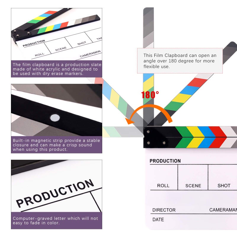 Swpeet 8Pcs 10"x12" Acrylic Film Movie Directors Clapboard Kit, Magnetic Blackboard Eraser, M3 Hex Wrench and 5Pcs Custom Pens Dry Erase Director Clapper Coating Board Slate for Director or Film Fans - Image 4