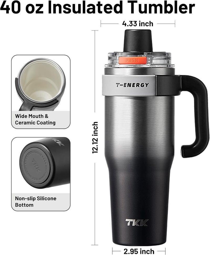 TKK 40 oz Insulated Tumblers with Handle and Straw, Stainless Steel Travel Mug with Ceramic Coating, Leak Proof Double Walled Iced Coffee Cup with Strainer for Hot & Cold Drinks,SteelBlack - Image 5
