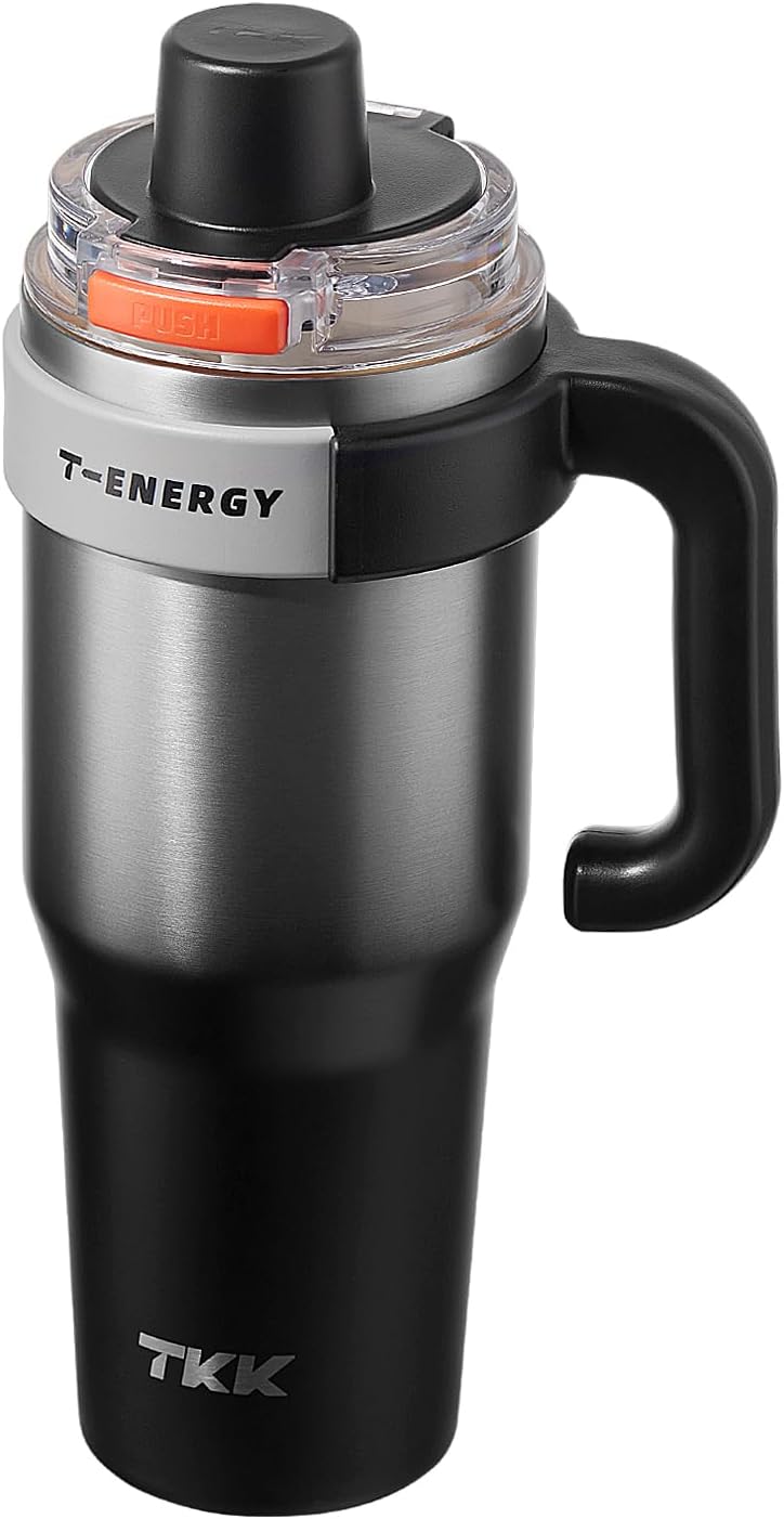 TKK 40 oz Insulated Tumblers with Handle and Straw, Stainless Steel Travel Mug with Ceramic Coating, Leak Proof Double Walled Iced Coffee Cup with Strainer for Hot & Cold Drinks,SteelBlack - Image 1