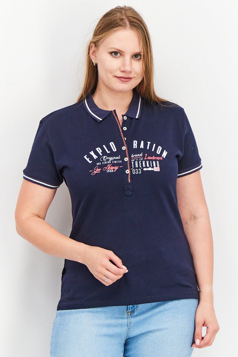 GEOGRAPHICAL NORWAY Women Spread Neck Short Sleeves Graphic Print Polo Shirt, Navy Blue - Image 1