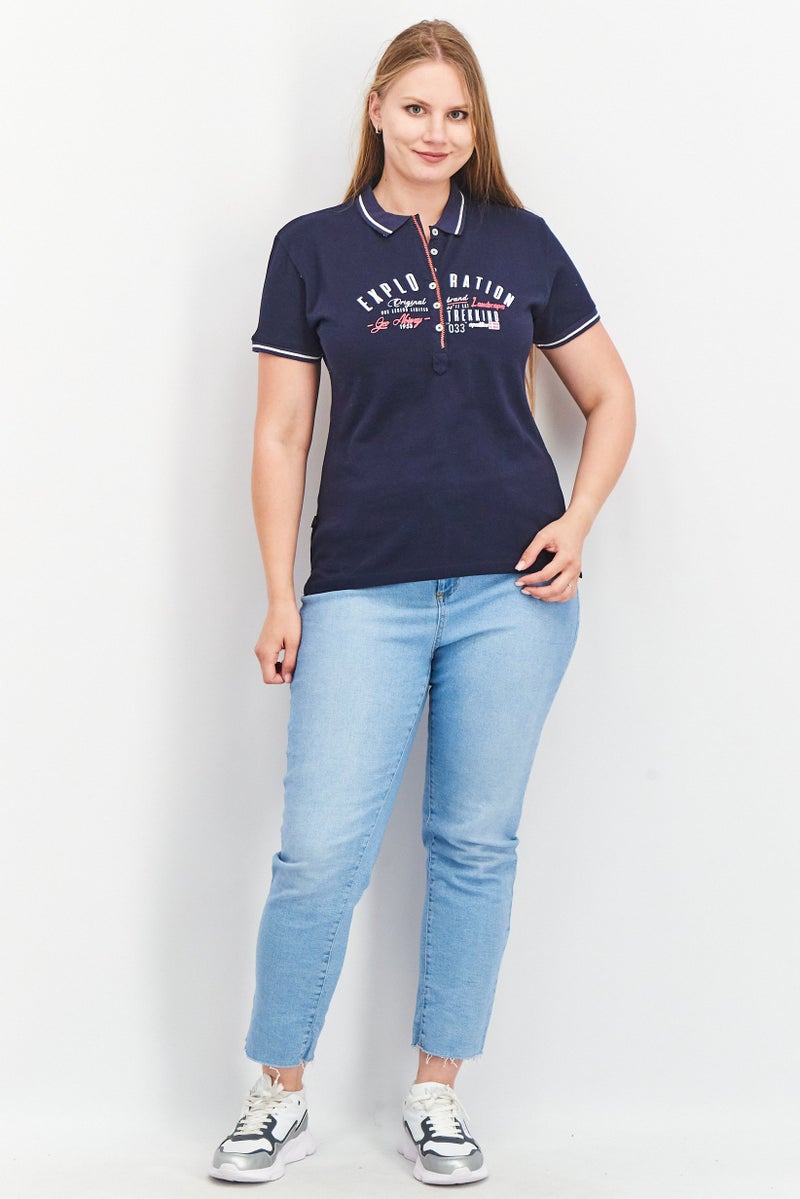 GEOGRAPHICAL NORWAY Women Spread Neck Short Sleeves Graphic Print Polo Shirt, Navy Blue - Image 3