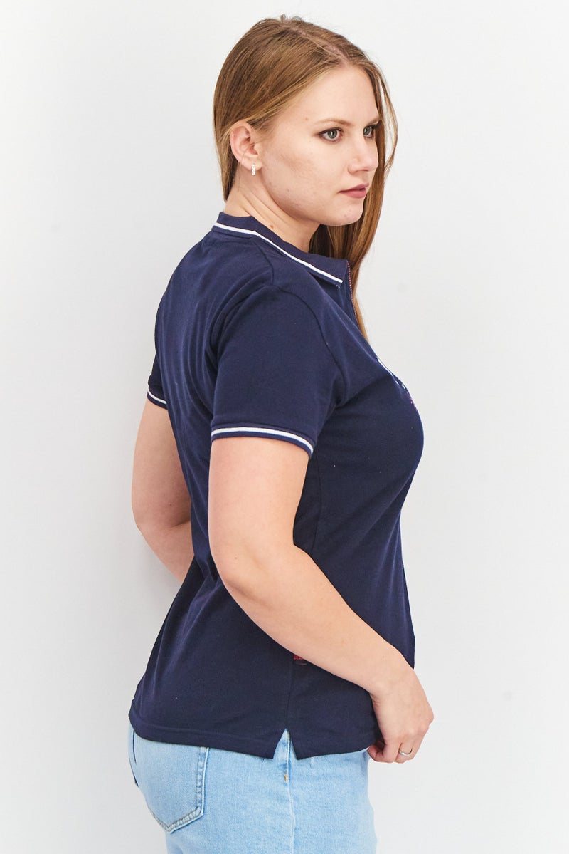 GEOGRAPHICAL NORWAY Women Spread Neck Short Sleeves Graphic Print Polo Shirt, Navy Blue - Image 4