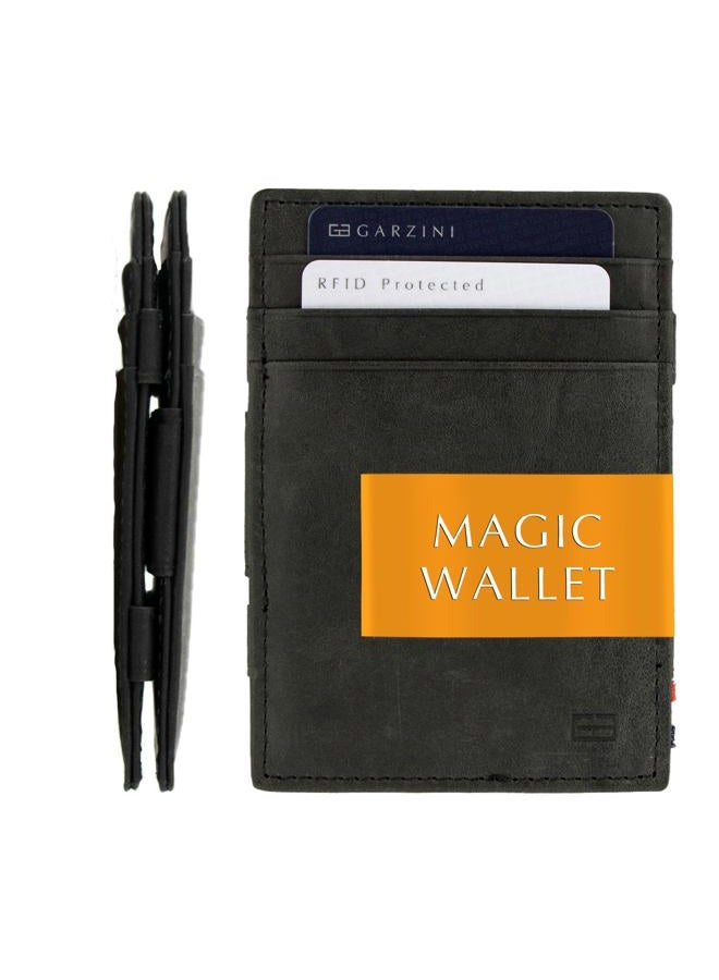 Garzini Magic Wallet, Mens Wallet Leather, ID Card Holder RFID Blocking, Slim Wallet for Men for 10 Cards, Brushed Black - Image 1