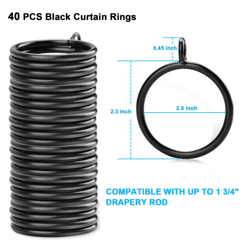 AWTOK 40 PCS Black Curtain Rings with Eyelet Apply for Fits Up to 1.75 inch Curtain Rod (Black Drapery Rings) - Image 2