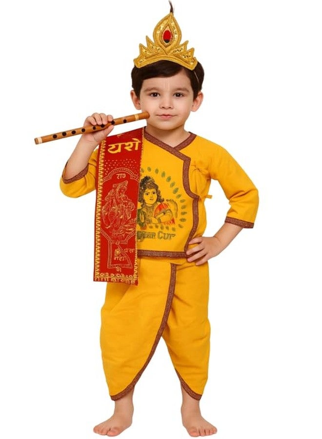 V3E Cotton Boys And Girls Dhoti Kurta Krishna Kids Costume Ethnic Wear Dress (Pack Of 5 - Kurta, Dhoti, Bansuri, Mor Pankh Mukut, Bandhni Patka)(Yellow, 18-24 Months) - Image 3