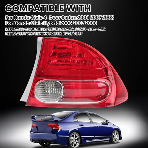 Clidr Tail Light Lens for 2006 2007 2008 Honda Civic 4-Door Sedan/Hybrid Passenger Side HO2801165 33501-SNA-A02 (Right) - Image 2