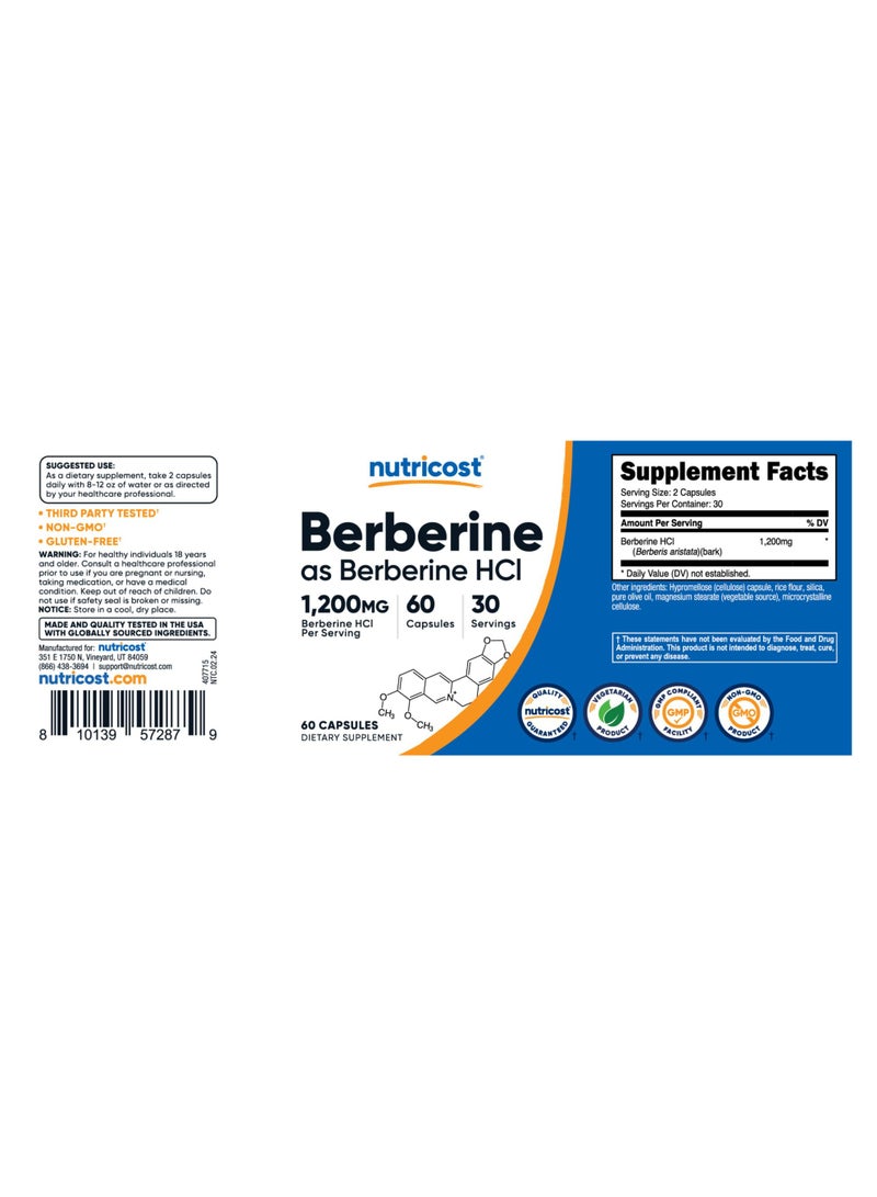 Nutricost Berberine as Berberine HCl 1200 mg Berberine HCl Per Serving, 60 Capsules, 30 Servings, Dietary Supplement  - Image 5