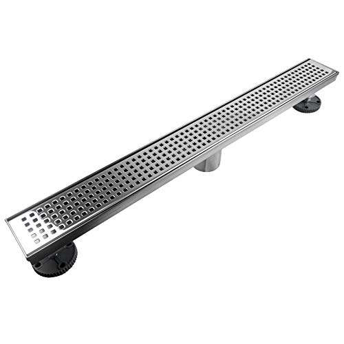 Neodrain Chrome 24-Inch Linear Shower Drain with Removable Quadrato Pattern Grate, Polished 304 Stainless Steel Rectangular Shower Floor Drain,with Leveling Feet, Hair Strainer - Image 1