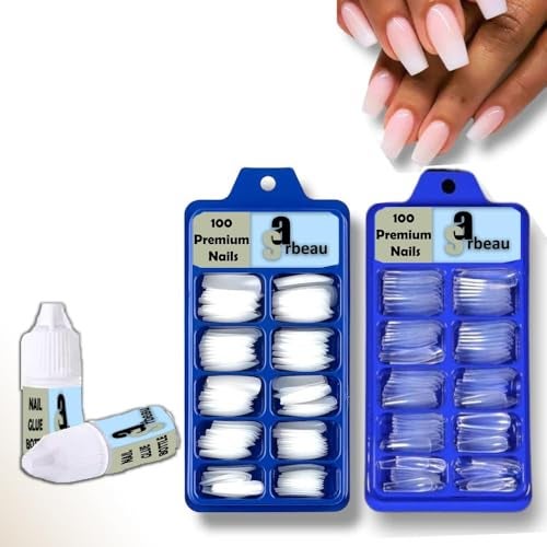 Sarbeau 200-Pcs Artificial Nails Set for Women & Girls – White & Transparent Fake Nail Tips with Nail Glue – DIY Manicure Kit for Salon & Home Use - Image 1