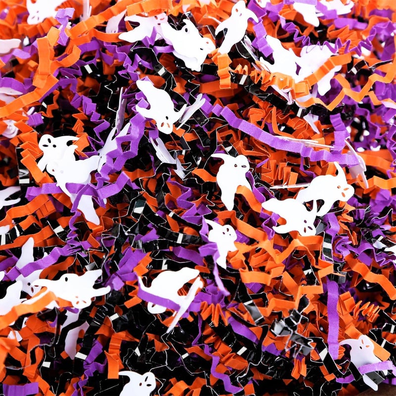 PAPER FAIR 1LB Halloween Metallic Black Orange Purple Crinkle Cut Paper with Ghost Confetti Trick or Treat Candy Gift Basket Box Shredded Paper Raffia Filler Craft Bedding Cushion Birthday Party - Image 3