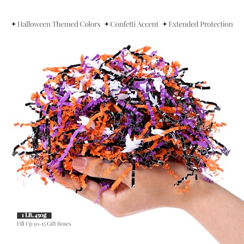 PAPER FAIR 1LB Halloween Metallic Black Orange Purple Crinkle Cut Paper with Ghost Confetti Trick or Treat Candy Gift Basket Box Shredded Paper Raffia Filler Craft Bedding Cushion Birthday Party - Image 5