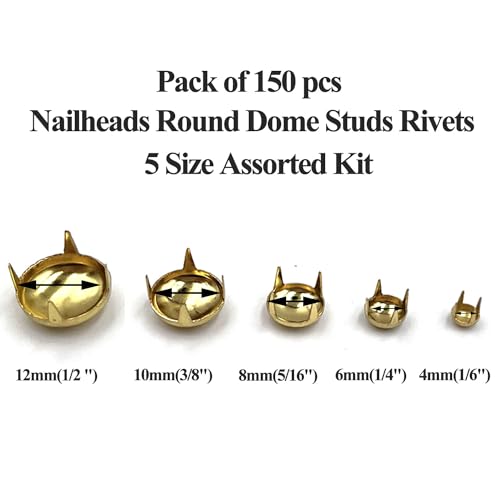 Honigo 150pcs Nailheads Round Dome Studs Rivets Gold Metal Solid Brass 4/6/8/10/12mm 4 Prongs Spikes Spots for Leather Craft Clothes Belt Bag Shoes Decorations Totes DIY Craft - Image 3