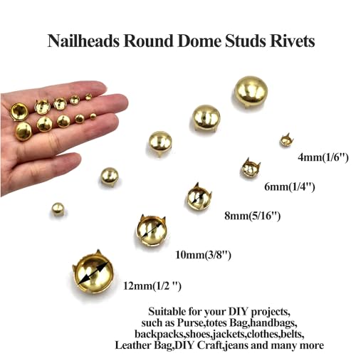 Honigo 150pcs Nailheads Round Dome Studs Rivets Gold Metal Solid Brass 4/6/8/10/12mm 4 Prongs Spikes Spots for Leather Craft Clothes Belt Bag Shoes Decorations Totes DIY Craft - Image 2