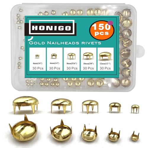 Honigo 150pcs Nailheads Round Dome Studs Rivets Gold Metal Solid Brass 4/6/8/10/12mm 4 Prongs Spikes Spots for Leather Craft Clothes Belt Bag Shoes Decorations Totes DIY Craft - Image 1