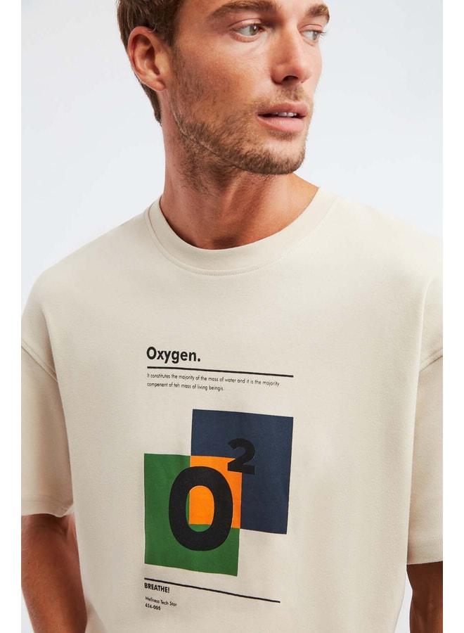 GRIMELANGE Prısmatıc Men's 100% Organic Cotton Special Thick Textured Breathable Oversized Printed Beige T‑shirt. - Image 3