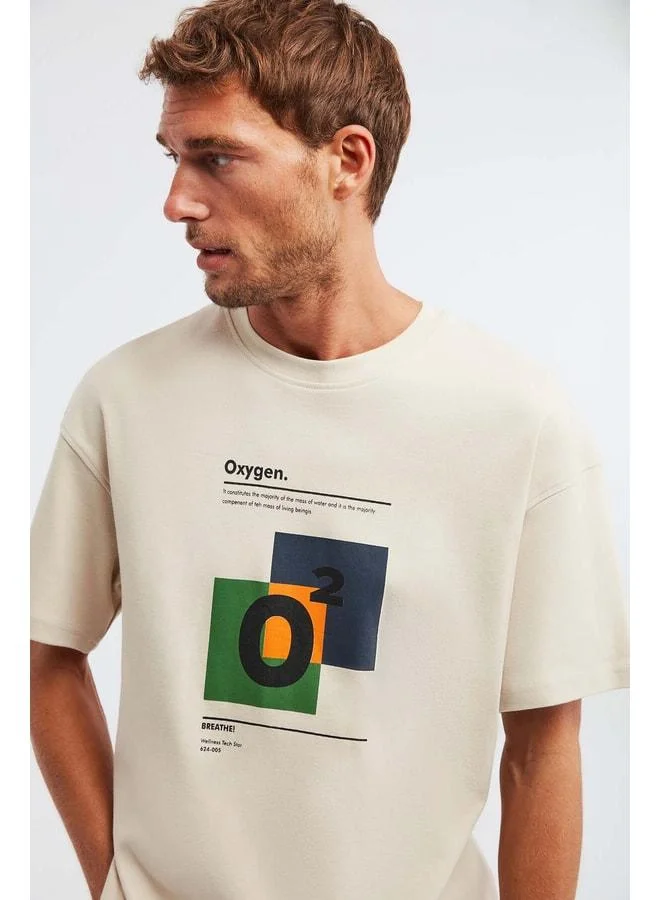 GRIMELANGE Prısmatıc Men's 100% Organic Cotton Special Thick Textured Breathable Oversized Printed Beige T‑shirt.