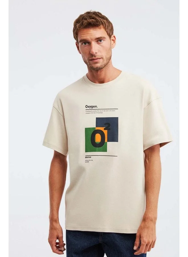 GRIMELANGE Prısmatıc Men's 100% Organic Cotton Special Thick Textured Breathable Oversized Printed Beige T‑shirt.