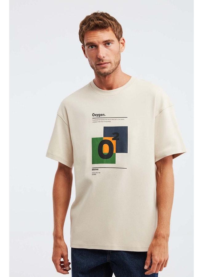 GRIMELANGE Prısmatıc Men's 100% Organic Cotton Special Thick Textured Breathable Oversized Printed Beige T‑shirt. - Image 1